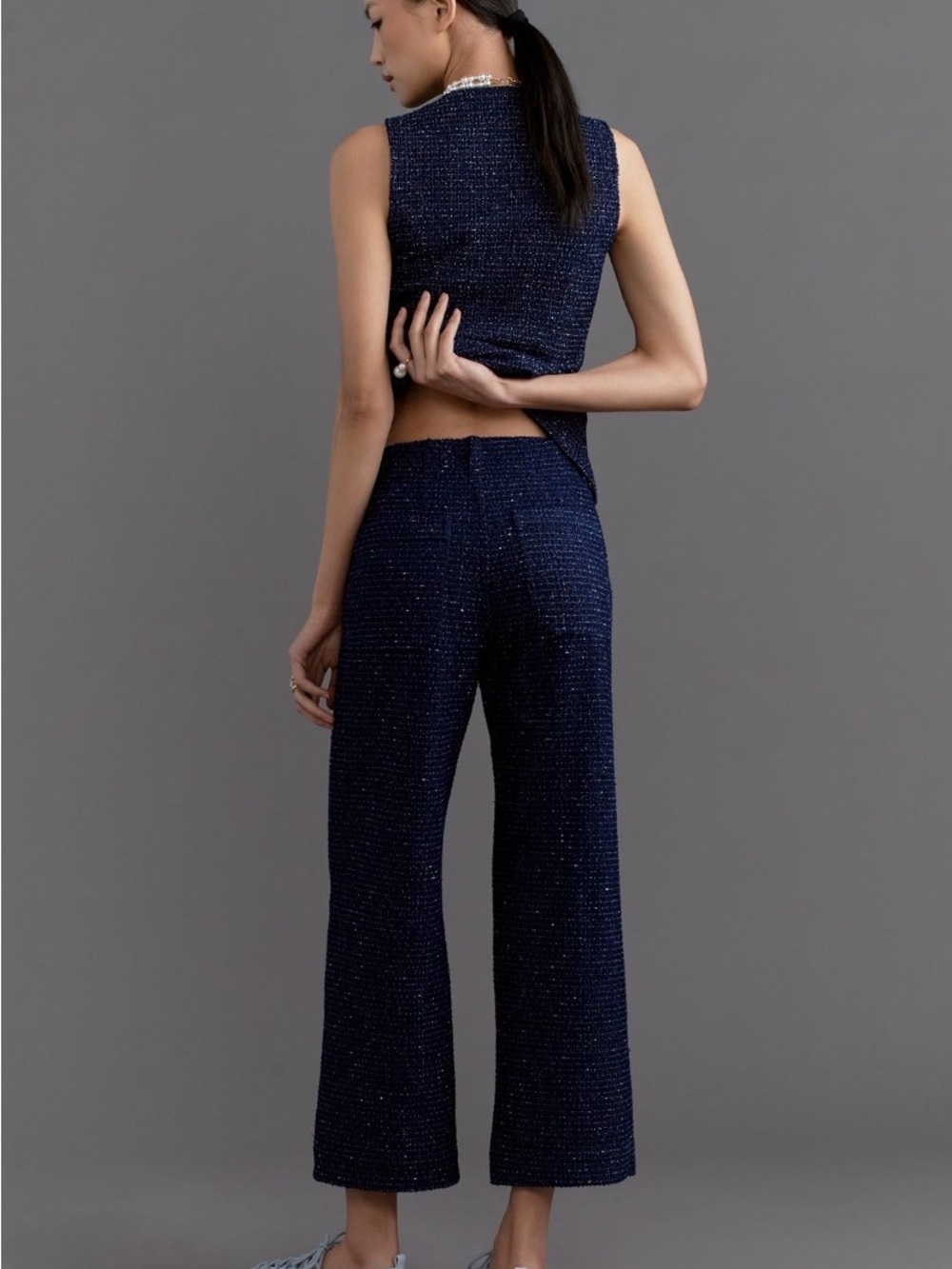 Maeve Navy Tweed Wide-Leg Trousers NWT